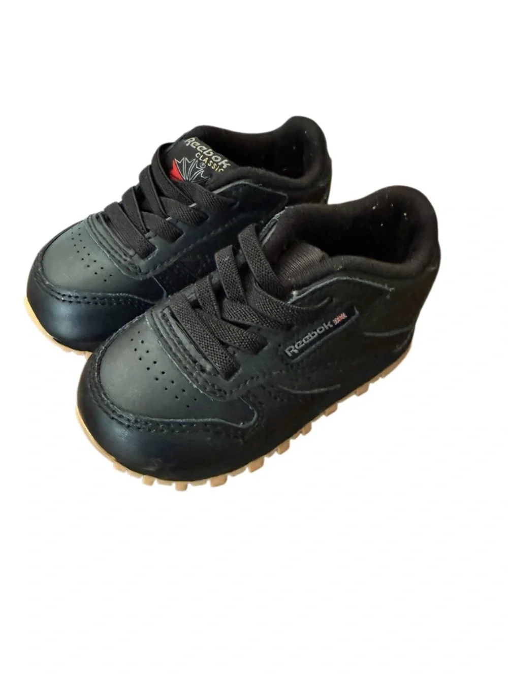 Reebok Kids Classic Black Leather Sneakers with Gum Outsole-Size 4